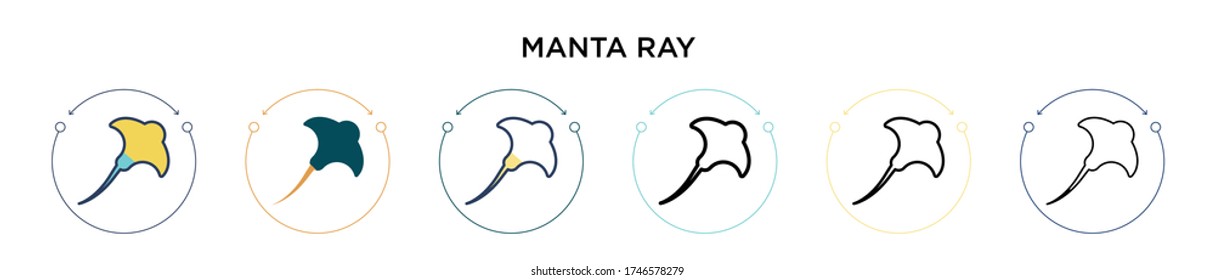 Manta-ray-Ikone in gefüllt, dünne Linie, Umriss und Strich-Stil. Vector Illustration von zwei farbigen und schwarzen Mantaroskopvektorbildern kann für mobile, i, web-basierte