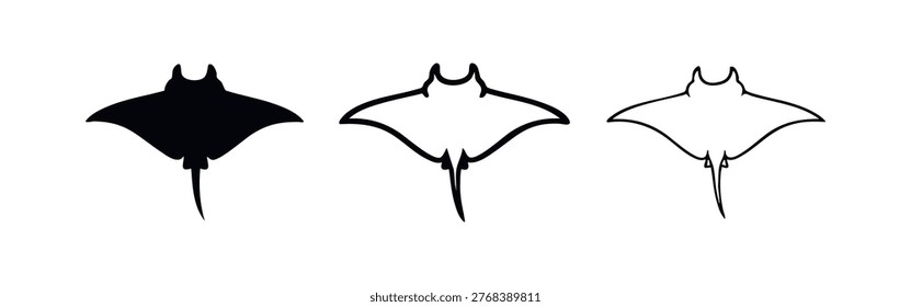 Manta ray icon set. Large marine fish silhouette and outline collection. Ocean creature graphic vector illustration.