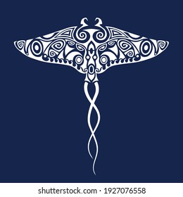 Manta ray illustration in Maori style. Ornament for divers. White on blue background.