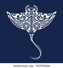 Manta ray illustration in Maori style. Ornament for divers. White on blue background.