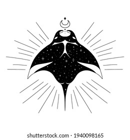 Manta ray logo Illustration. Esoteric vector poster. 
