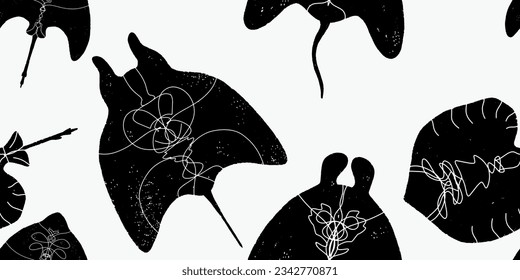 Manta ray. Marine pattern in the style of linocut minimalism scandinavian style. Vector seamless pattern