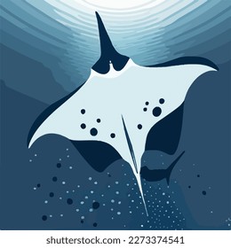 Manta ray in open ocean. Underwater fish and sea creatures in natural habitat. Flat vector illustration concept