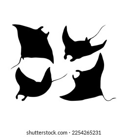 Rayo de manta, conjunto de siluetas negras, aisladas sobre fondo blanco. Vector. Criaturas marinas, mundo submarino.