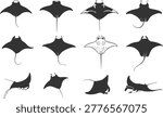 Manta ray silhouette set, Manta ray vector, Manta ray clipart, Manta ray drawing bundle -V02.