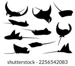 Manta ray, stingray or cramp fish silhouette. Vector animals of sea and ocean water swimming with waving fins and tails. Diving skate, stingray or eagle ray fish isolated symbols, underwater wildlife