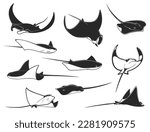 Manta ray, stingray and cramp fish. Underwater animals. Ocean coral wild life and seabed monochrome vector creatures set. Sting ray, devilfish or skate, mataray fish with spike