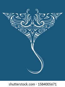 Manta ray stingray maori tattoo ornament white an blue background