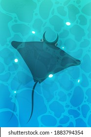 Manta ray swims underwater. View from above. Turquoise surface of water in the ocean with fishes. Background for a summer poster, foyer or postcard. Vector.