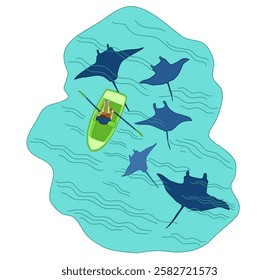 Manta rays swim under a small boat. Stingrays and a man in a boat are sailing on the ocean.