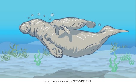 Mantanees swimming under the sea vector. Manatee Dugong or sea cow cartoon. svg