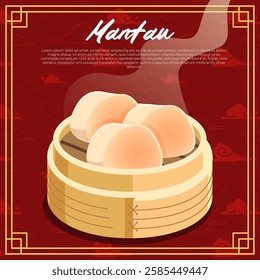 Mantau in a bamboo steamer with a red cloud Chinese background vector illustration