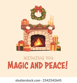 Mantel with socks and gifts greeting card in cartoon style, Christmas. Cozy vector