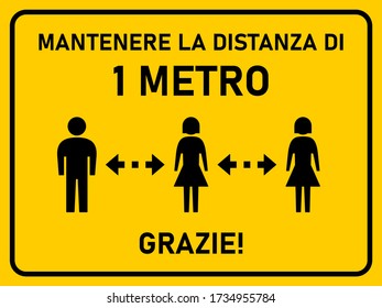 Mantenere La Distanza Di 1 Metro Grazie ("Keep a Distance of 1 Meter Thank You" in Italian) Horizontal Social Distancing Instruction Sign with an Aspect Ratio of 4:3. Vector Image.