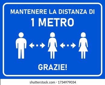 Mantenere La Distanza Di 1 Metro Grazie ("Keep a Distance of 1 Meter Thank You" in Italian) Horizontal Social Distancing Instruction Sign with an Aspect Ratio of 4:3. Vector Image.