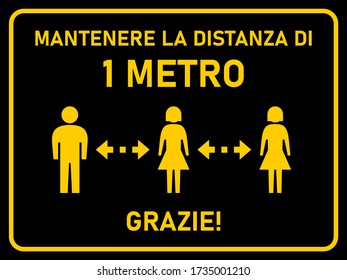 Mantenere La Distanza Di 1 Metro Grazie ("Keep a Distance of 1 Meter Thank You" in Italian) Horizontal Social Distancing Instruction Sign with an Aspect Ratio of 4:3. Vector Image.