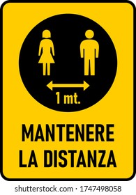 Mantenere La Distanza ("Mantén tu Distancia" en italiano) 1 mt. o Icono de instrucción de distanciamiento social rectangular vertical de 1 metro con una relación de aspecto de 3:4 y esquinas redondeadas. Imagen vectorial.