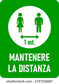 Mantenere La Distanza ("Mantén tu Distancia" en italiano) 1 mt. o Icono de instrucción de distanciamiento social rectangular vertical de 1 metro con una relación de aspecto de 3:4 y esquinas redondeadas. Imagen vectorial.