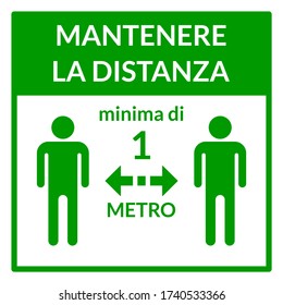 Mantenere La Distanza Minima Di 1 Metro ("Keep a Minimum Distance of 1 Meter" in Italian) Square Social Distance Instruction Icon. Vector Image.