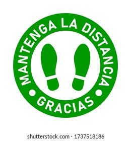 Mantenga La Distancia Gracias ("Keep Your Distance Thank You" in Spanish) Social Distancing Round Floor Marking Sticker with Text and Shoeprint Icons For Queue Line. Vector Image.