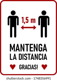 Mantenga La Distancia Gracias ("Keep Your Distance Thank You" in Spanish) 1,5 m or 1,5 Meters Vertical Rectangular Instruction Sign with an Aspect Ratio of 3:4 and Rounded Corners. Vector Image.