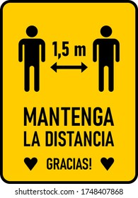 Mantenga La Distancia Gracias ("Keep Your Distance Thank You" in Spanish) 1,5 m or 1,5 Meters Vertical Rectangular Instruction Sign with an Aspect Ratio of 3:4 and Rounded Corners. Vector Image.