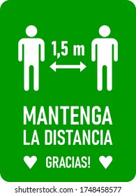 Mantenga La Distancia Gracias ("Keep Your Distance Thank You" in Spanish) 1,5 m or 1,5 Meters Vertical Rectangular Instruction Sign with an Aspect Ratio of 3:4 and Rounded Corners. Vector Image.