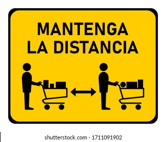 Mantenga La Distancia ("Keep the Distance" in Spanish) Social Distancing at Shopping Queue at the Supermarket Cash Desk Instruction Icon. Vector Image.