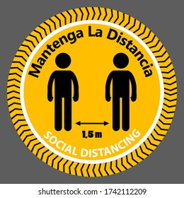 Mantenga La Distancia ("Keep the Distance 1.5 m" in Spanish) Social Distancing 1,5 Meters Instruction black man with arrow Icon against the Spread of the Novel Coronavirus Covid-19. Vector Image.