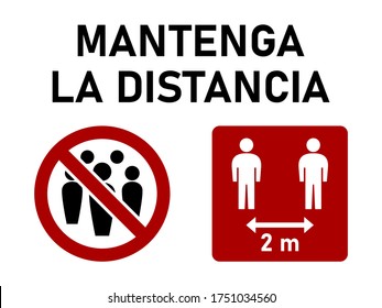 Mantenga La Distancia ("Keep the Distance" in Spanish) Social Distancing 2 m or 2 Meters Instruction Icon against the Spread of the Novel Coronavirus Covid-19. Vector Image.