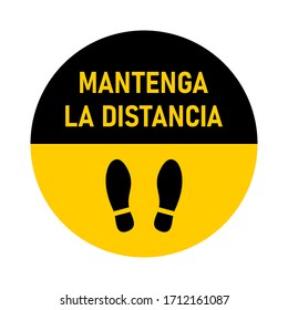 Mantenga La Distancia ("Keep Your Distance" in Spanish) Round Floor Marking Shoe Prints Social Distancing Instruction Icon. Vector Image.