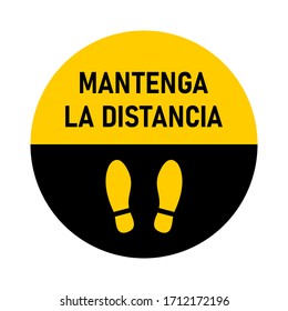 Mantenga La Distancia ("Keep Your Distance" in Spanish) Round Floor Marking Shoe Prints Social Distancing Instruction Icon. Vector Image.