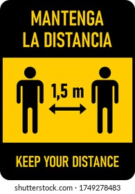 Mantenga La Distancia ("Keep Your Distance in Spanish) 1,5 m or 1,5 Meters Vertical Bilingual Spanish-English Social Distancing Icon with an Aspect Ratio of 3:4. Vector Image.