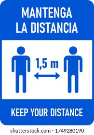 Mantenga La Distancia ("Keep Your Distance in Spanish) 1,5 m or 1,5 Meters Vertical Bilingual Spanish-English Social Distancing Icon with an Aspect Ratio of 3:4. Vector Image.