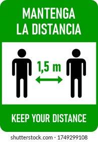 Mantenga La Distancia ("Keep Your Distance in Spanish) 1,5 m or 1,5 Meters Vertical Bilingual Spanish-English Social Distancing Icon with an Aspect Ratio of 3:4. Vector Image.