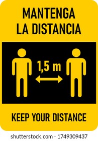 Mantenga La Distancia ("Keep Your Distance in Spanish) 1,5 m or 1,5 Meters Vertical Bilingual Spanish-English Social Distancing Icon with an Aspect Ratio of 3:4. Vector Image.