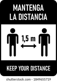 Mantenga La Distancia ("Keep Your Distance in Spanish) 1,5 m or 1,5 Meters Vertical Bilingual Spanish-English Social Distancing Icon with an Aspect Ratio of 3:4. Vector Image.