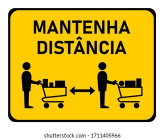 Mantenha Distância ("Keep Your Distance" in Portuguese) Social Distancing at Shopping Queue at the Supermarket Cash Desk Instruction Icon. Vector Image.