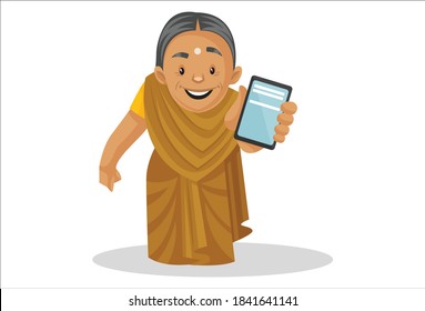 Manthra is holding a mobile phone in hand. Vector graphic illustration. Individually on white background.