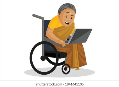 Manthra is sitting in a wheelchair and working on a laptop. Vector graphic illustration. Individually on a white background.