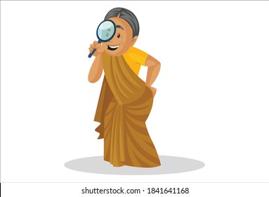 Manthra is watching from a magnifying glass. Vector graphic illustration. Individually on white background.