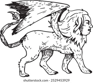 Manticore - ilustração vetorial desenhada à mão de besta mitológica alada