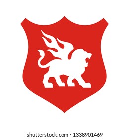 Manticore symbol on a red shield, heraldic image, vector