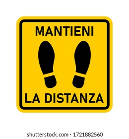 Mantieni La Distanza ("Keep Your Distance" in Italian) Rounded Corners Square Floor Marking Icon with Text and Shoe Prints for Queue Line or Other Purposes Requiring Social Distancing. Vector Image.