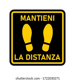 Mantieni La Distanza ("Keep Your Distance" in Italian) Rounded Corners Square Floor Marking Icon with Text and Shoe Prints for Queue Line or Other Purposes Requiring Social Distancing. Vector Image.