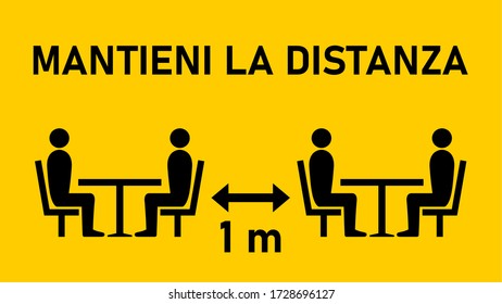 Mantieni La Distanza ("Mantén tu Distancia" en italiano) a 1 m o 1 metro entre las mesas en Cafe o Restaurante Icono de distanciamiento social con una relación de aspecto de 16:9. Imagen vectorial.