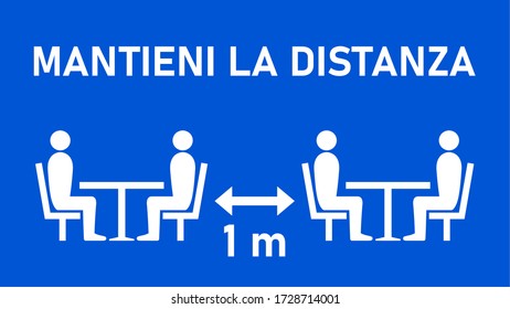 Mantieni La Distanza ("Keep Your Distance" in Italian) 1 m or 1 Metre between the Tables in Cafe or Restaurant Social Distancing Icon with an Aspect Ratio of 16:9. Vector Image.