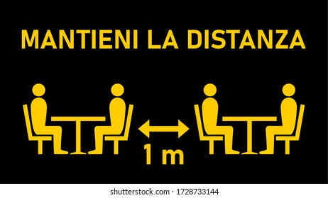 Mantieni La Distanza ("Mantén tu Distancia" en italiano) a 1 m o 1 metro entre las mesas en Cafe o Restaurante Icono de distanciamiento social con una relación de aspecto de 16:9. Imagen vectorial.