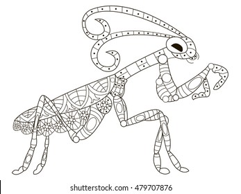Mantis Coloring pet adult vector illustration. Anti-stress coloring for adults. Zentangle style. Black and white insect