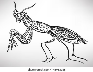 Mantis. Hand-drawn with ethnic pattern. Coloring page - isolated on a white background. Zendoodle patterns. Vector illustration.